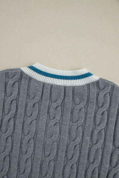 Colour Contrast Ribbed Edge Cable Knit V Neck Sweater | Medium Grey