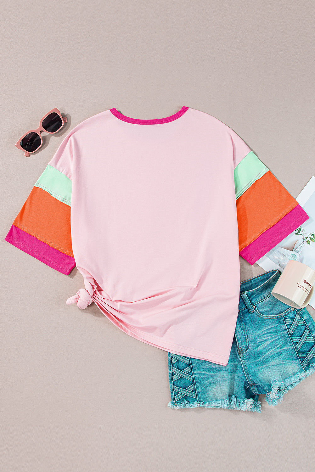 Colour Block Half Sleeve O Neck Plus Size T Shirt | Pink