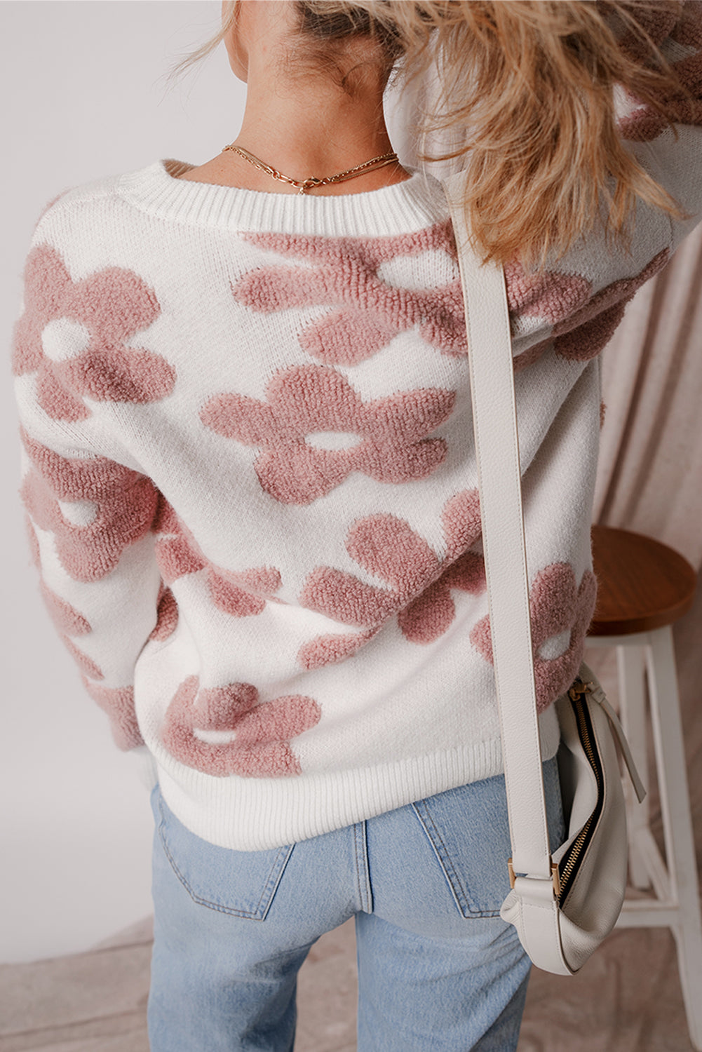 Textured Flower Drop Shoulder Loose Sweater | White