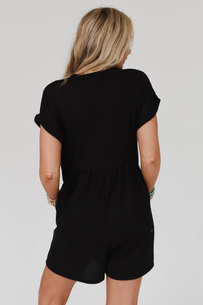 V Neck Buttons Loose Cuffed Short Sleeve Romper | Black