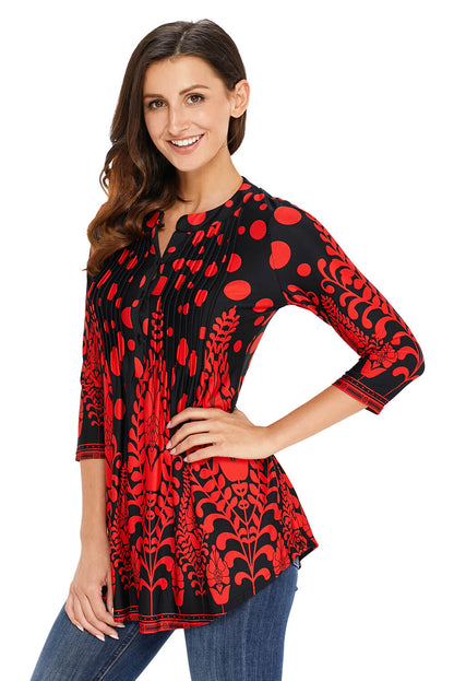 Fiery  Floral Notch Neck Pin-Tuck Tunic | Red