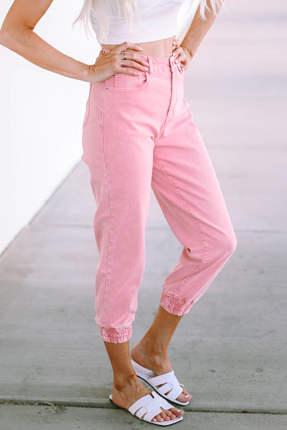 Acid Wash Elastic Cuffed High Waist Jeans | Pink