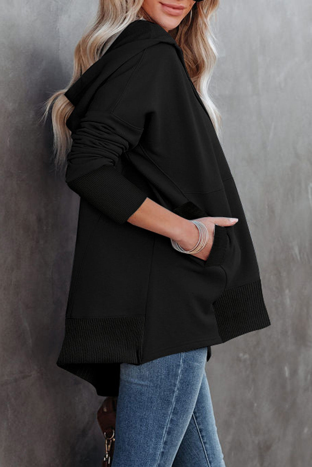 Batwing Sleeve Pocketed Henley Hoodie | Black