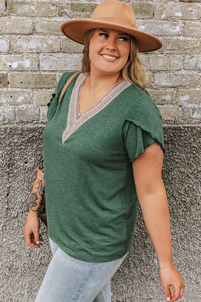 Plus Size Embroidery V Neck Draped Sleeve Blouse | Blackish Green