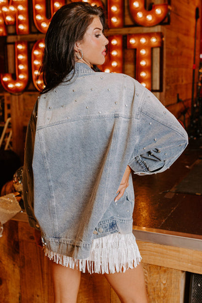 Rhinestone Embellished Flap Pocket Denim Jacket | Dusk Blue