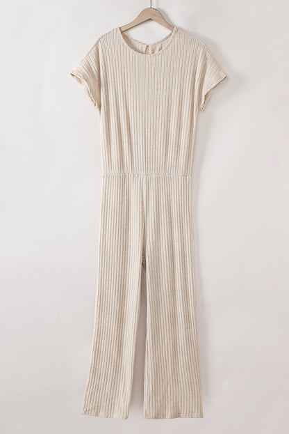 Solid Colour Ribbed Short Sleeve Wide Leg Jumpsuit | Parchment