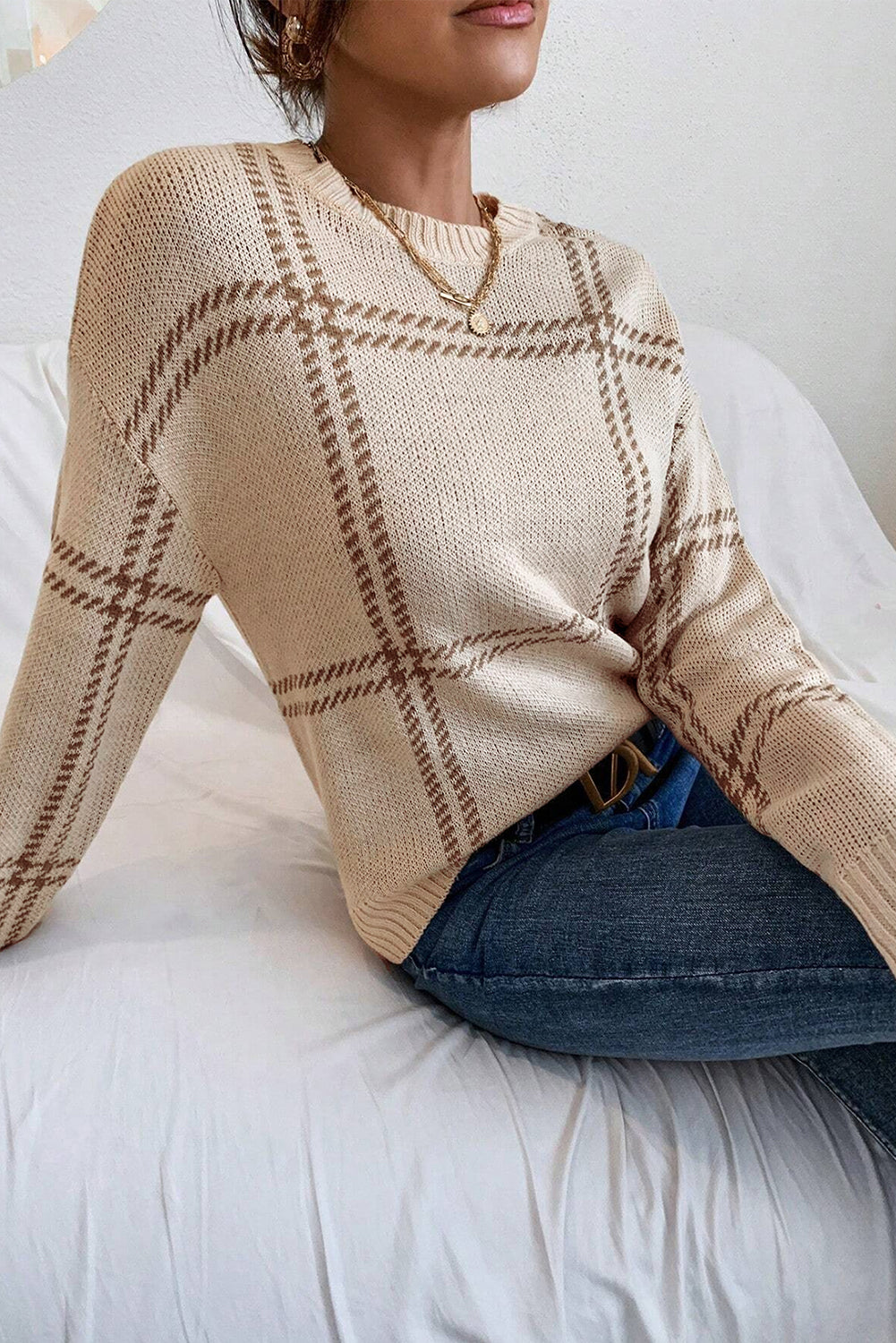 Plaid Pattern Knitted Drop Shoulder Sweater | Khaki