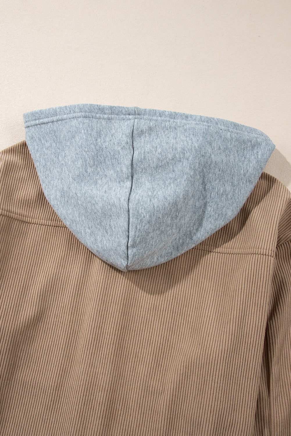 Hooded Drawstring Pockets Corduroy Shacket | Pale Khaki