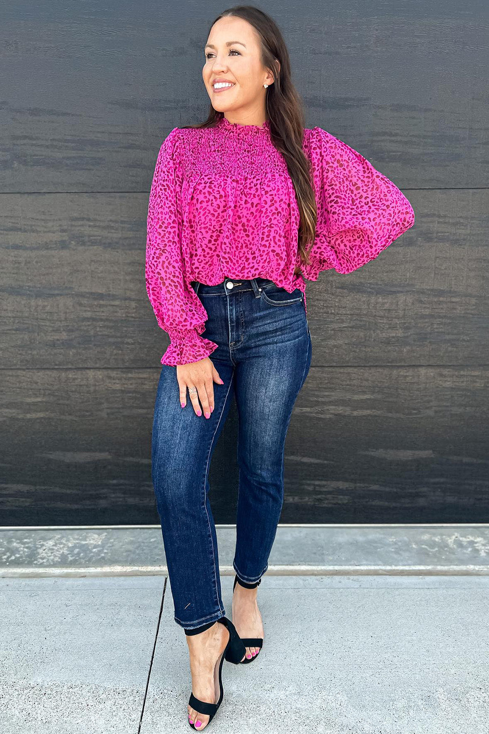 Leopard Shirred Puff Sleeve Flowy Blouse | Rose