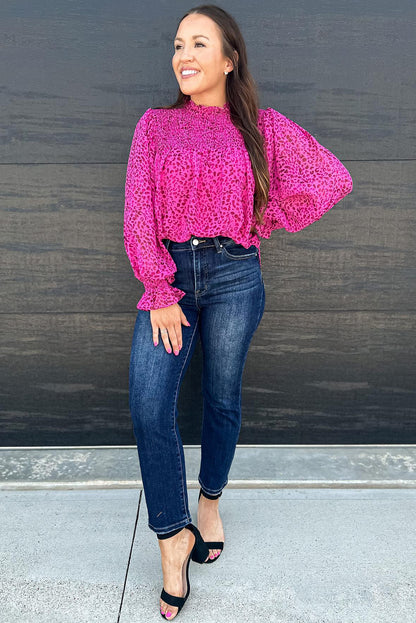 Leopard Shirred Puff Sleeve Flowy Blouse | Rose