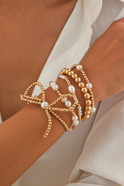 Bow Knot Pearl Beaded Multi Layered Bracelet Set | Gold