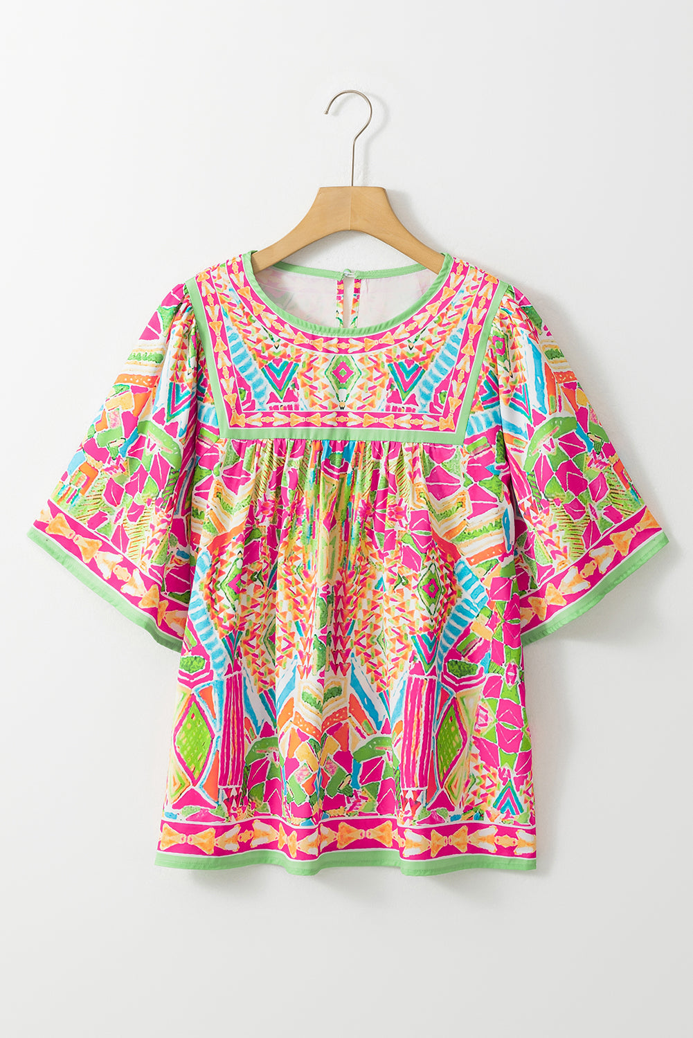 Geometric Print Bell Sleeve O Neck Babydoll Blouse | Orange