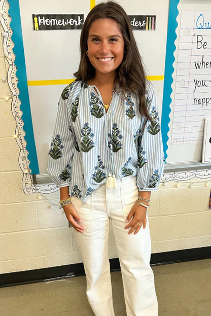 Striped Floral Printed Long Sleeve Tied V Neck Blouse | Beau Blue