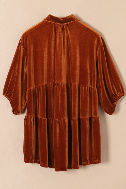 3/4 Sleeve Tunic Babydoll Velvet Shirt | Chestnut