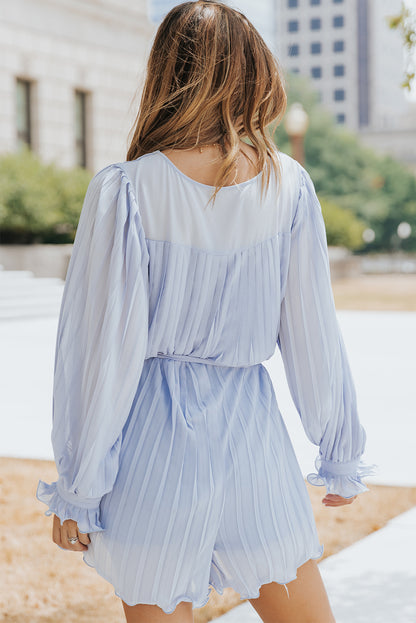 Pleated Ruffled Tie Waist Buttons V Neck Romper | Sky Blue