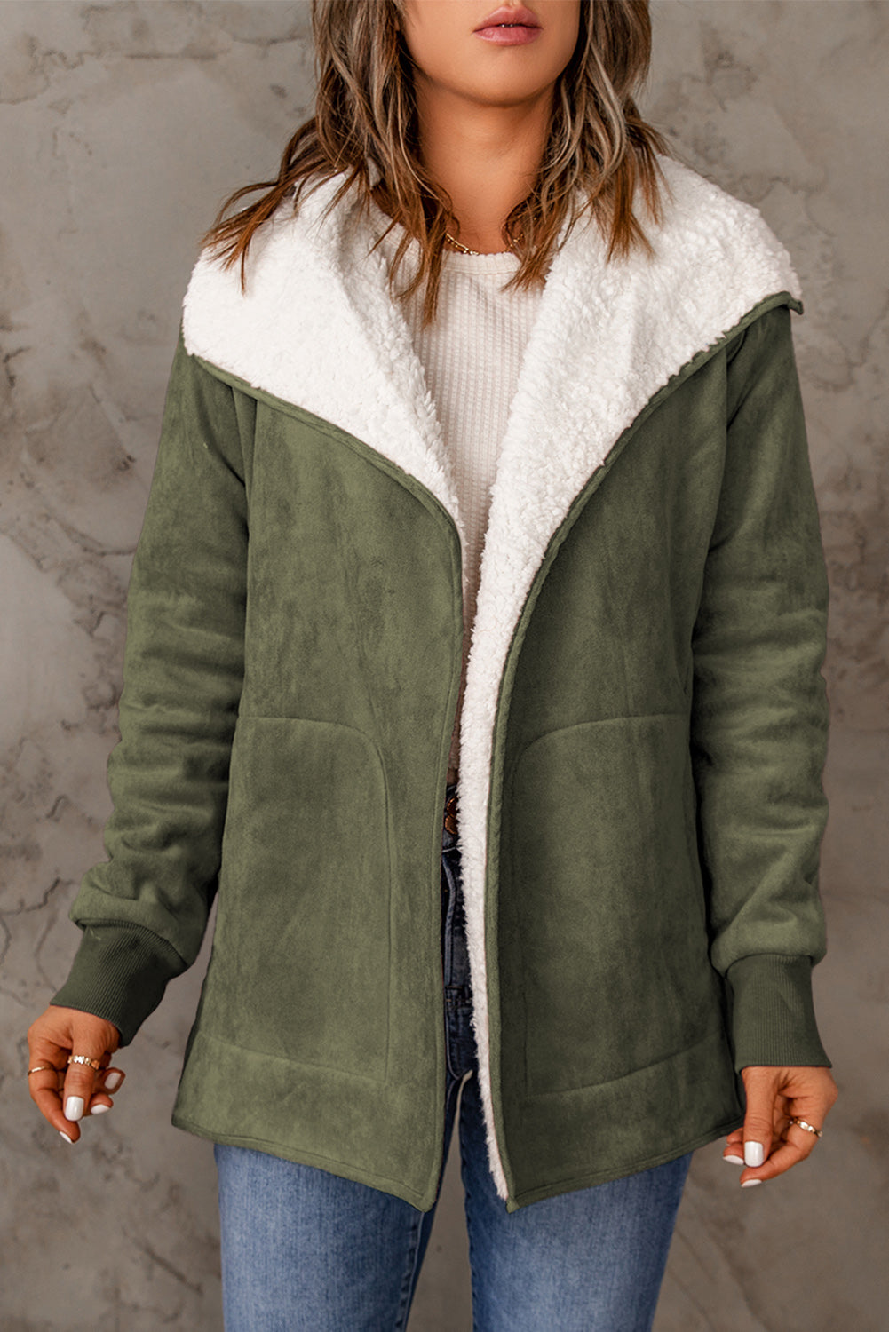 Faux Suede Fleece Lined Open Front Jacket | Green