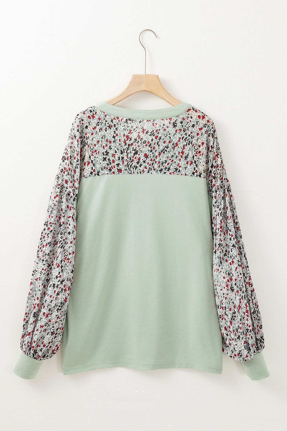 Contrast Printed Bubble Sleeve Henley Loose Top With Slits | Meadow Mist Green