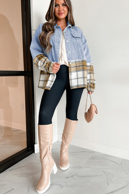 Plaid Patchwork Buttoned Oversized Denim Jacket | Khaki