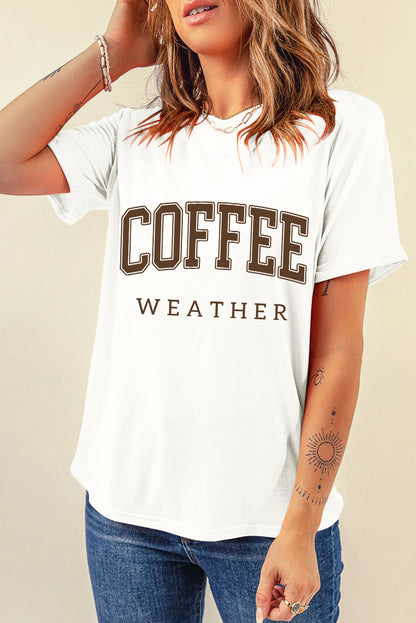 Coffee Weather Round Neck Graphic T Shirt | White