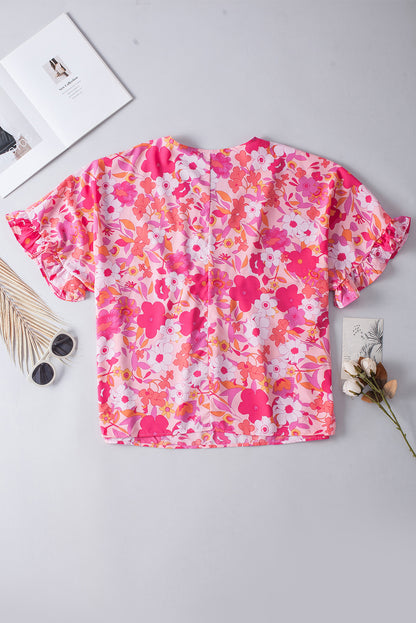 Floral Print Ruffled Half Sleeve Plus Size Babydoll Blouse | Rose