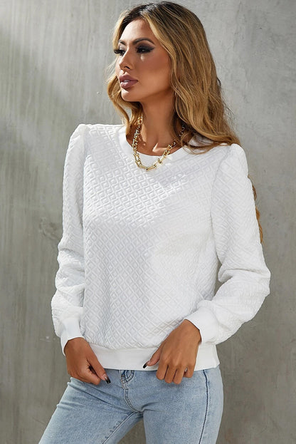 Textured Puff Long Sleeve Round Neck Top | White