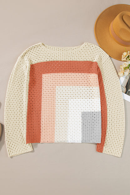 Pointelle Knit Colourblock Baggy Sweater | Apricot