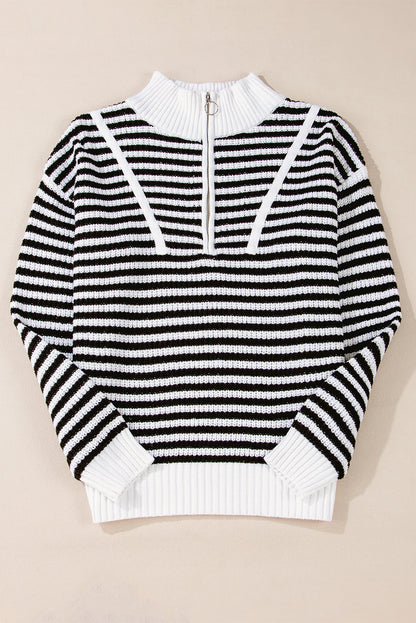 Zip Up Collar Drop Shoulder Sweater | Black Stripe