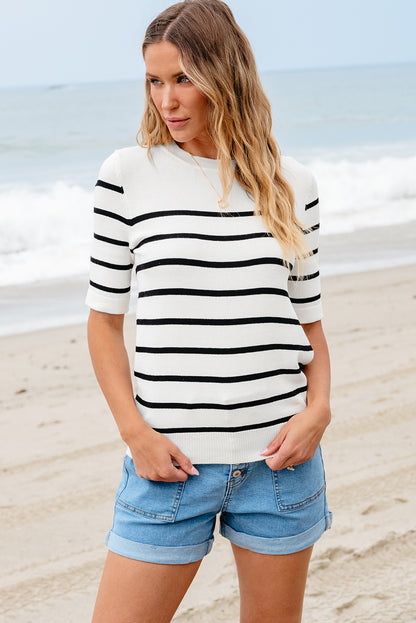 Striped Half Sleeve Knitted Tee | White Stripe