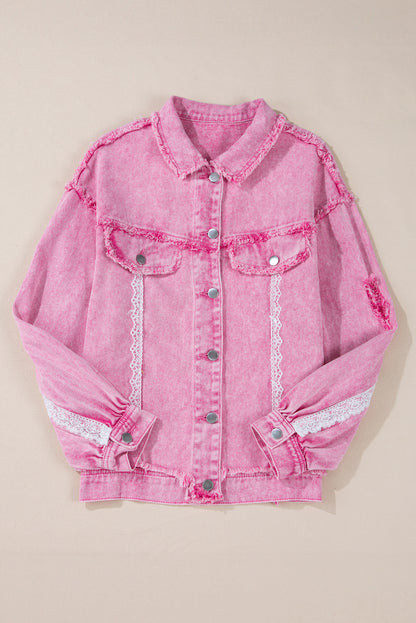 Lace Patchwork Distressed Buttoned Denim Jacket | Pink