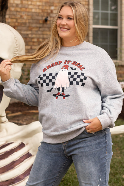 Creep It Real Ghost Print Plus Size Sweatshirt | Light Grey