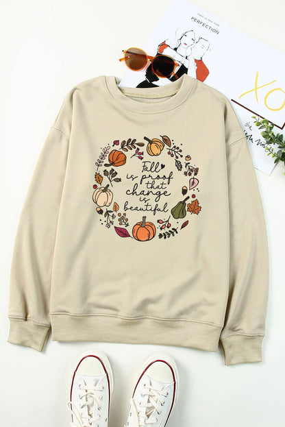 Fall Vibe Pumpkin Print Round Neck Sweatshirt | Khaki