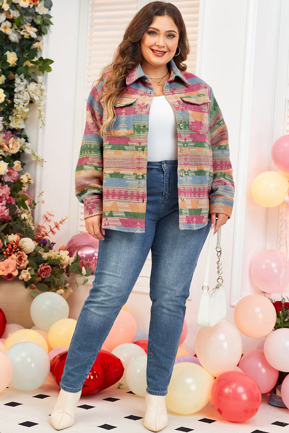 Plus Size Aztec Printed Flap Pocket Shacket | Pink