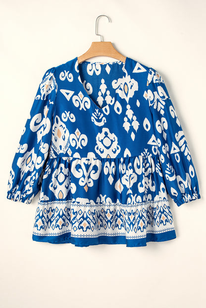 Tribal Geometric Print 3/4 Sleeve Flowy Fit Blouse | Blue