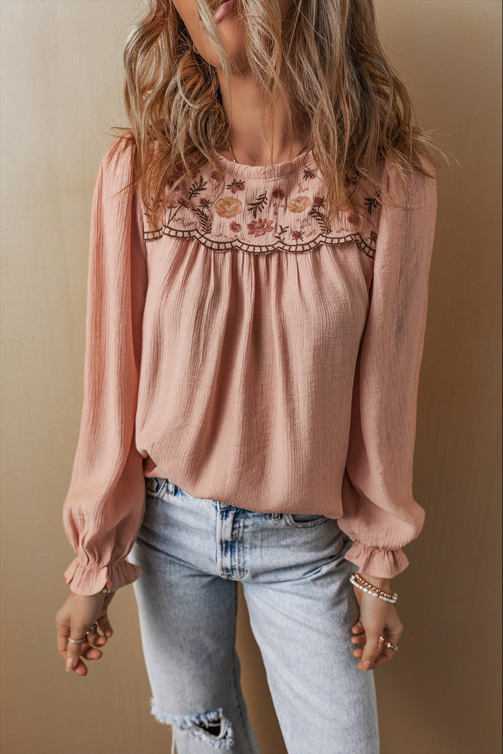 Floral Embroidered Textured Flounce Sleeve Elegant Blouse | Gossamer Pink