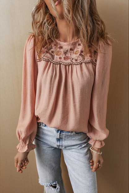 Floral Embroidered Textured Flounce Sleeve Elegant Blouse | Gossamer Pink