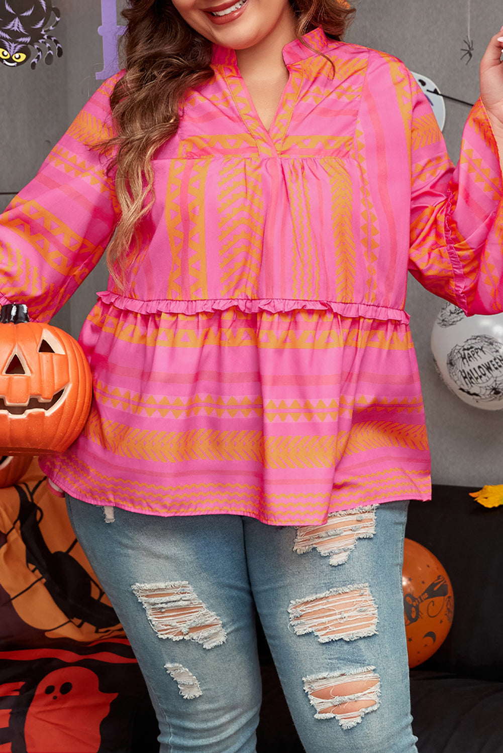 Plus Size Geometric Printed Bell Sleeve Babydoll Blouse | Vitality Orange