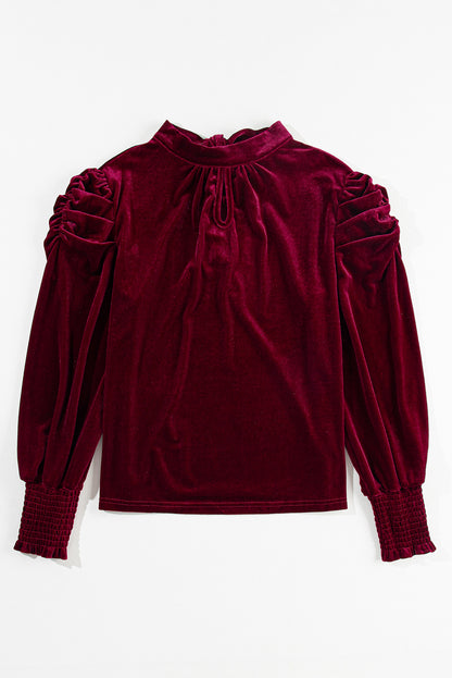 Fiery  Mock Neck Puff Sleeve Velvet Blouse | Red