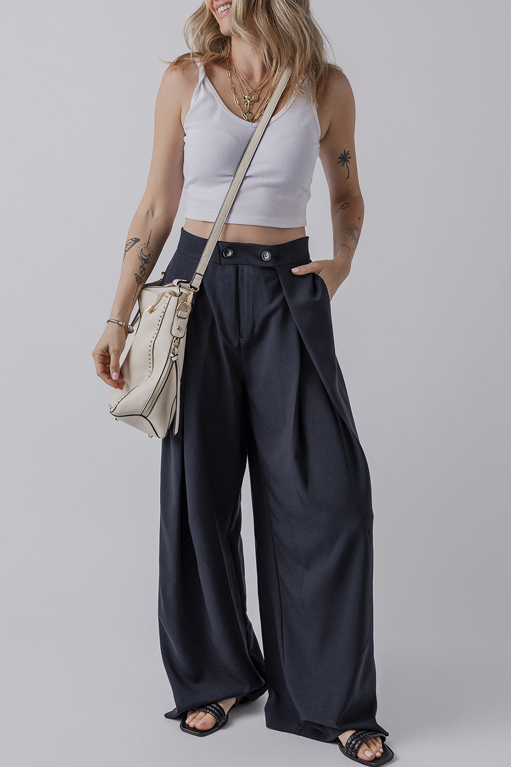 Dirty Blue Dual Buttoned High Waist Pleated Wide Leg Pants | Dirty blue