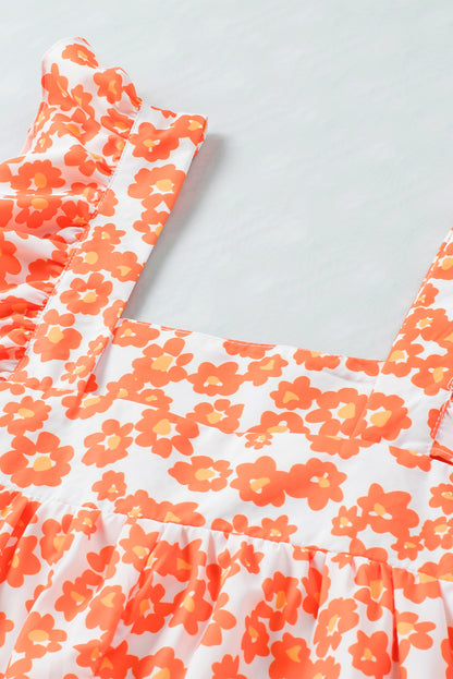 Floral Print Square Neck Ruffle Tank Top | Orange