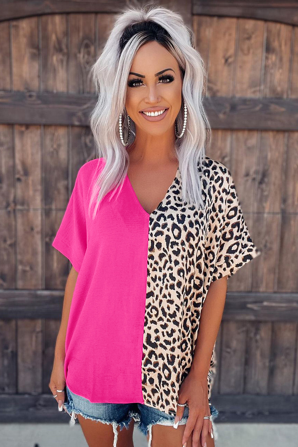 Contrast Leopard Colour Block Blouse | Rose