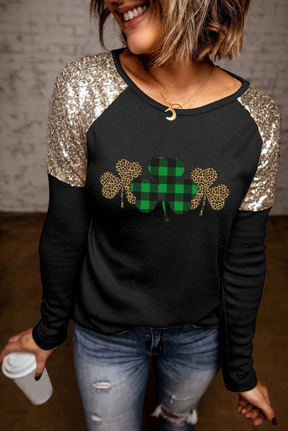 Plaid Leopard Clover Sequin Patched Long Sleeve Top | Black