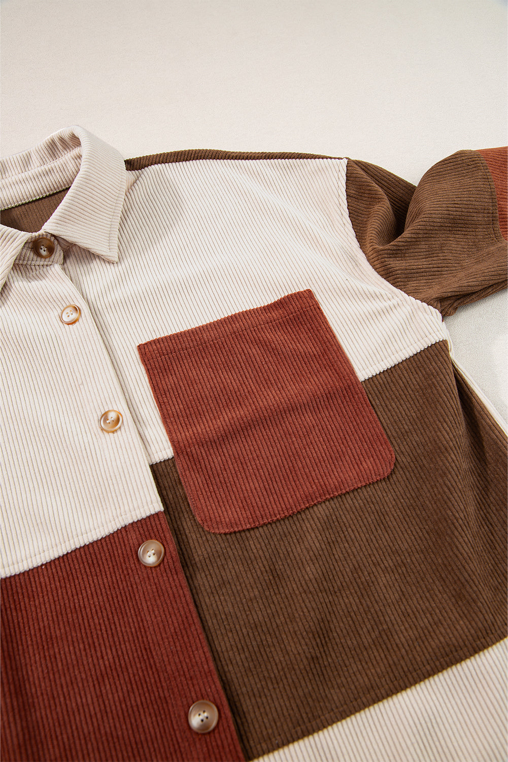 Colourblock Curved Hem Corduroy Shacket With Pocket | Cinnamon