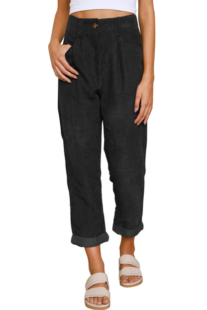 Corduroy High Waist Straight Leg Pants | Black