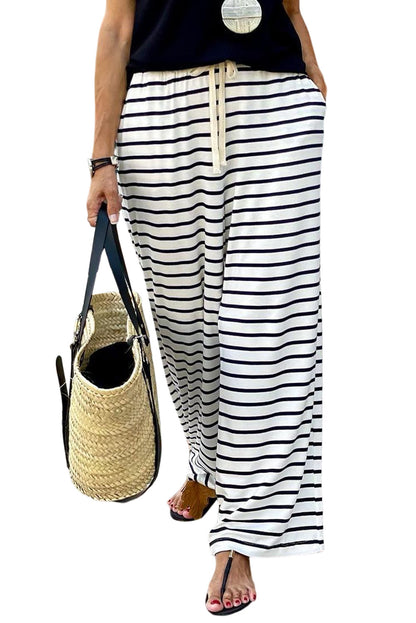 Drawstring Striped Wide Leg Pants | White