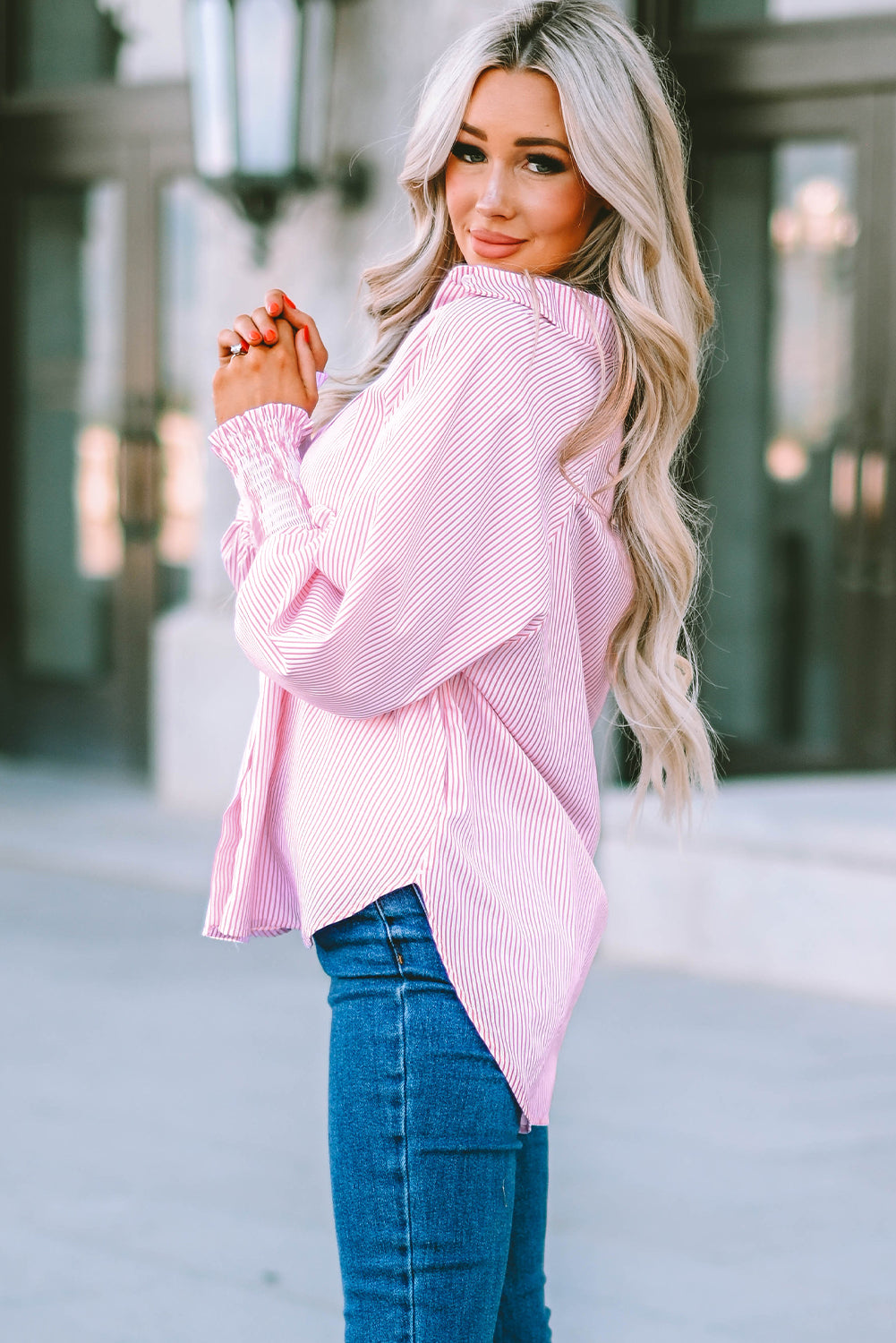 Smocked Cuffed Striped Boyfriend Shirt With Pocket | Pink