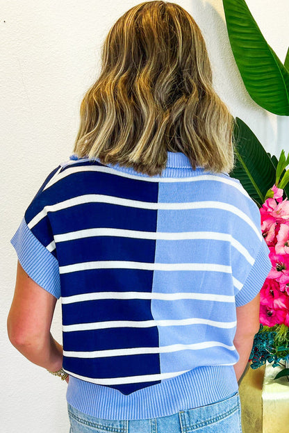 Colourblock Quarter Zip Collar Sweater Vest | Sky Blue Stripe