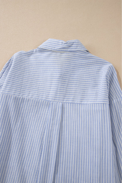 Ruffled Button Up Long Sleeve Shirt | Sky Blue Stripe