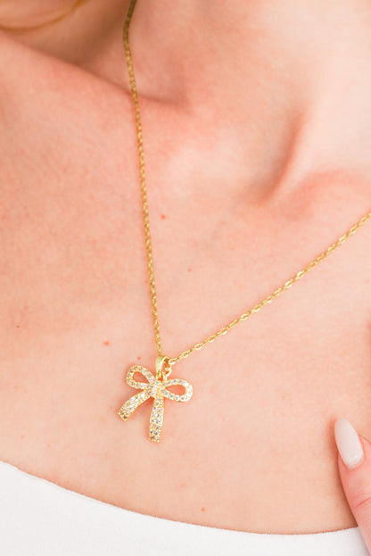 Plated Rhinestone Bowknot Pendant Necklace | Gold