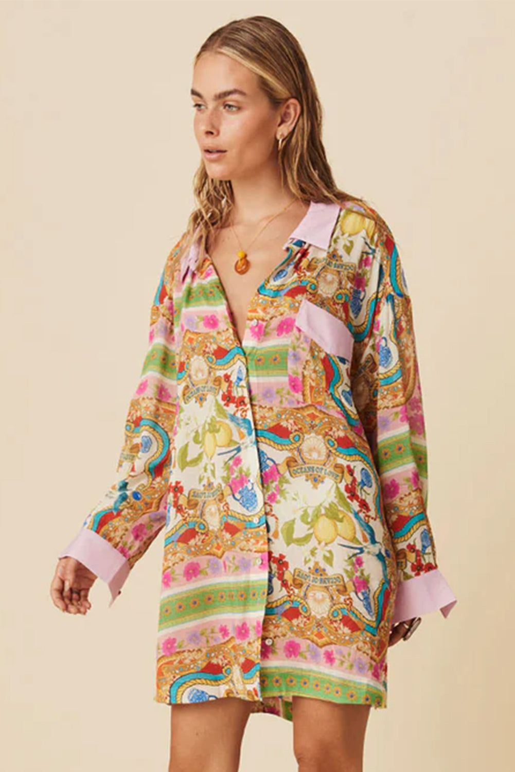 Boho Floral Print Buttoned Long Sleeve Shirt Dress | Multicolour