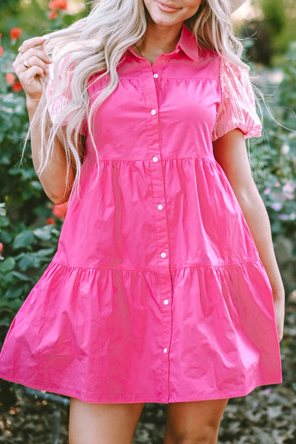 Sequined Bubble Sleeve Tiered Ruffled Shirt Dress | Bonbon